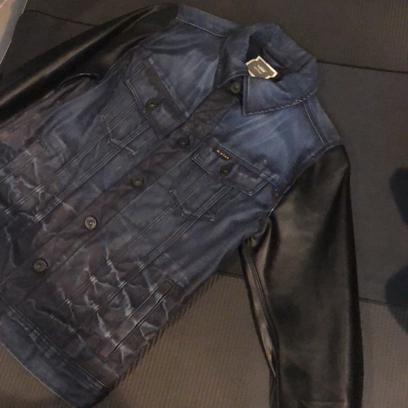 G-Star Raw Inked Denim Dark Blue Jean Jacket w/Authentic Leather Biker Sleeves - Picture 4 of 16
